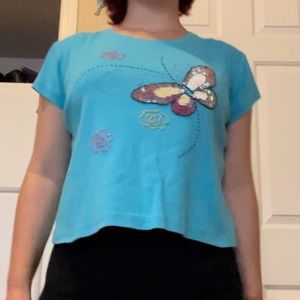 blue beaded butterfly top